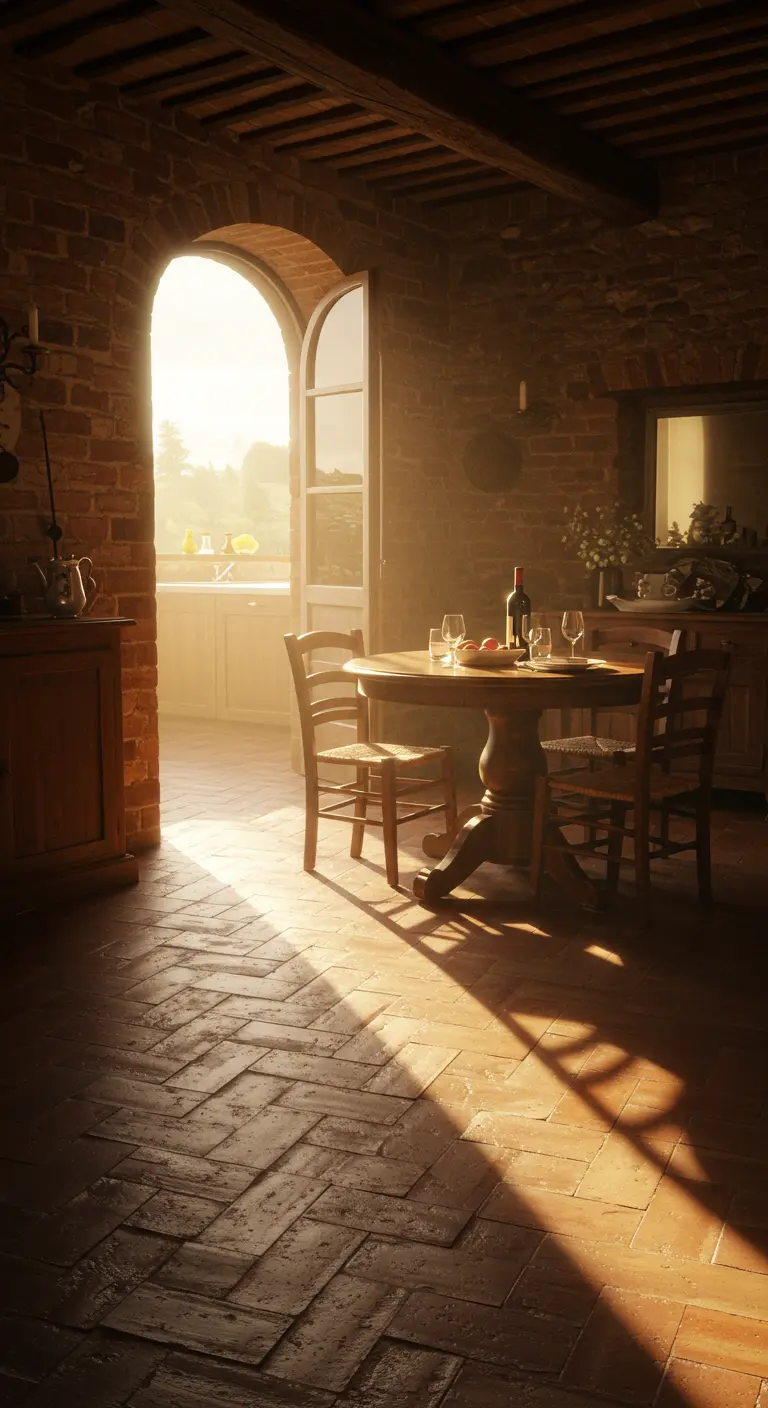 Sunlight streams through an arched door into a rustic brick dining room.