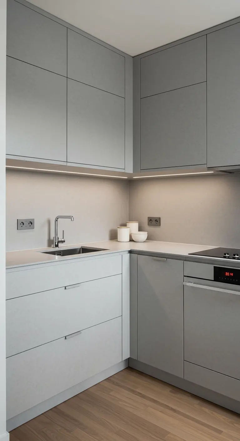 Minimalist light grey kitchen with handle-less cabinets and warm light wood floors.