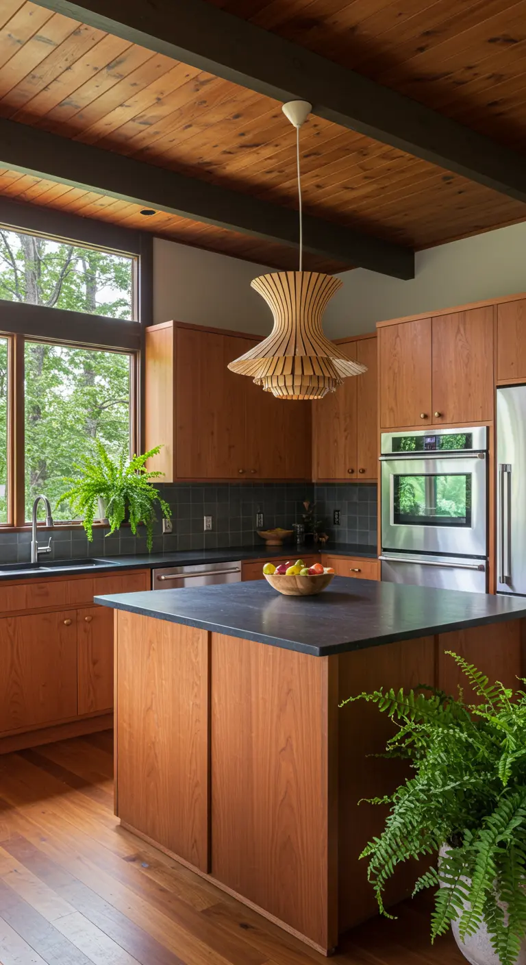 Kitchen with teak cabinets, a wood-planked ceiling, and lots of indoor plants.