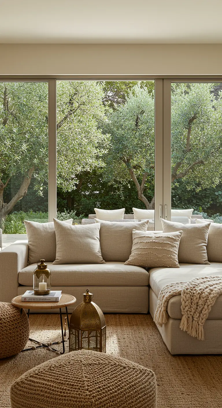 A neutral sofa facing a large window looking out onto a lush garden, with brass lanterns inside.