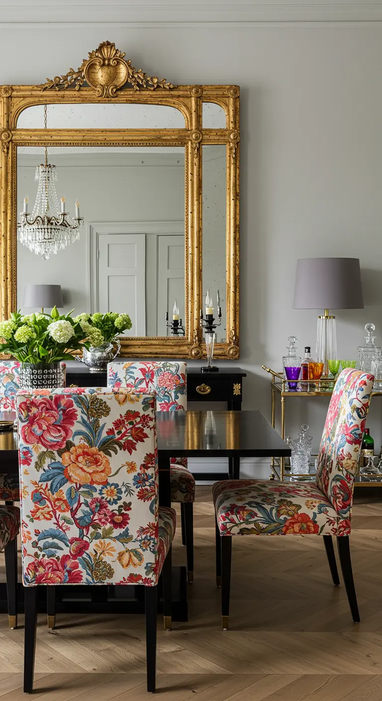 An elegant dining room with chairs upholstered in a vibrant floral pattern and a large gold mirror.