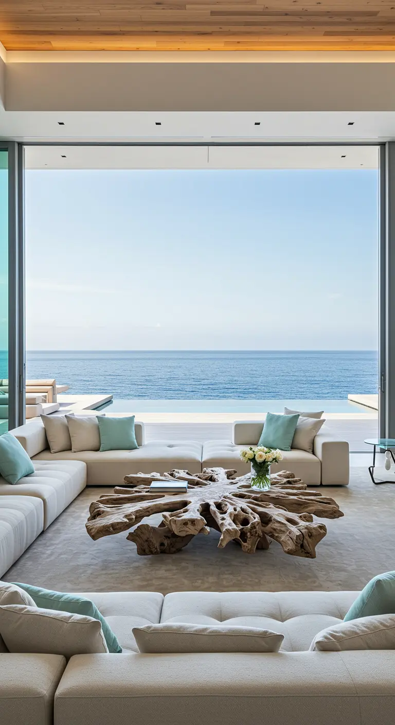 Modern living room with a massive driftwood root coffee table surrounded by white sectional sofas.