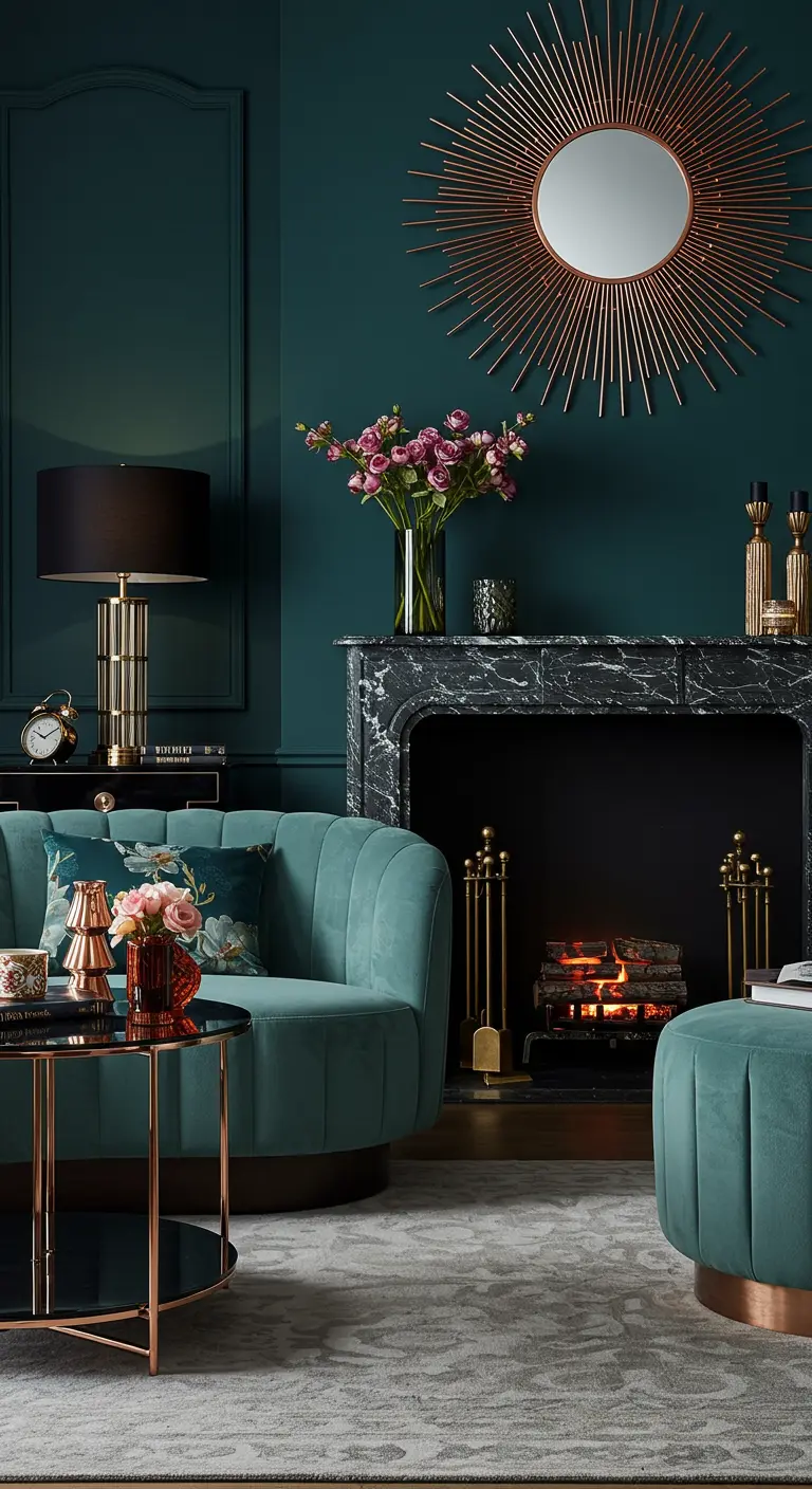 Dark teal living room with velvet sofa, marble fireplace, and rose gold sunburst mirror.