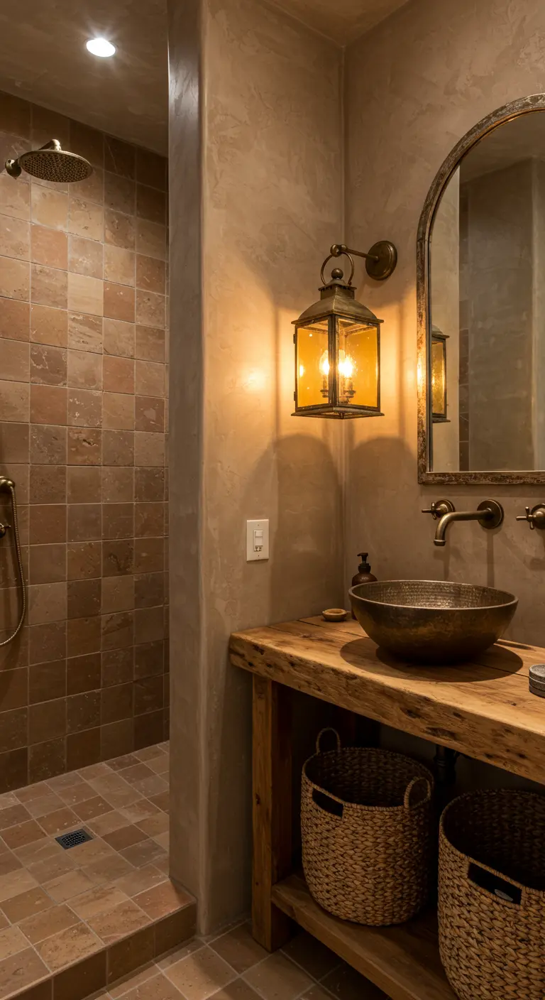 Rustic bathroom with a reclaimed wood vanity and a hammered metal sink.