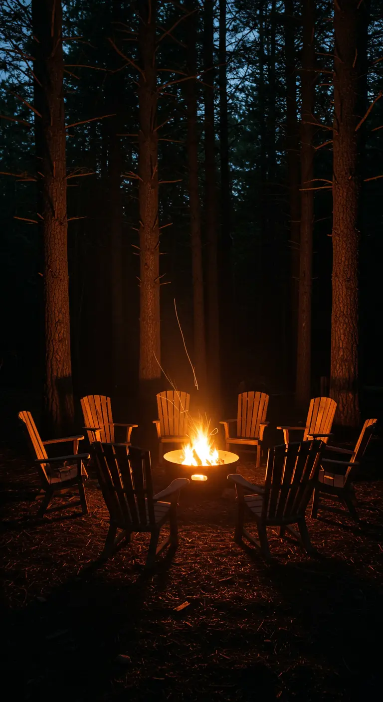 A simple metal fire bowl glowing brightly at night in a dark forest setting.