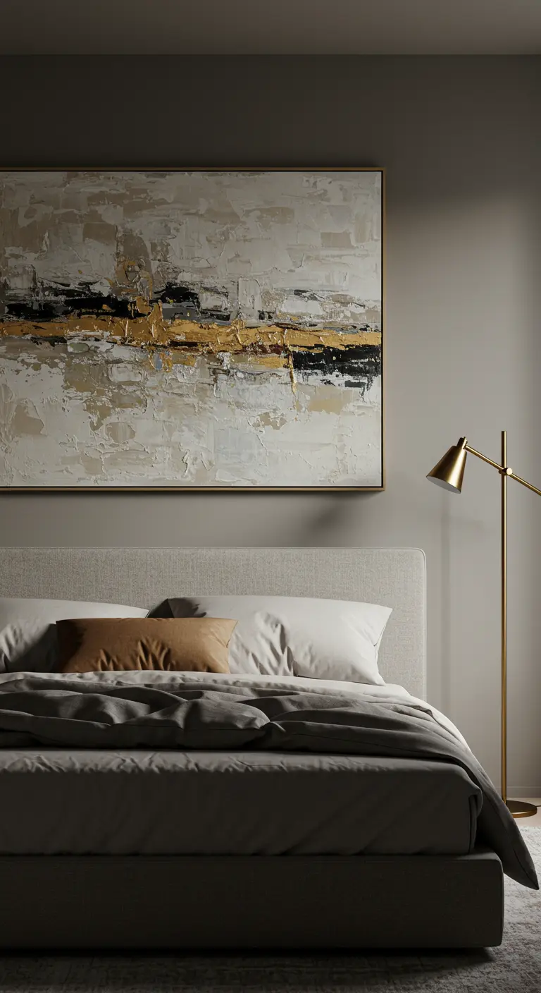 Minimalist bedroom with a large abstract painting featuring gold leaf above the bed.