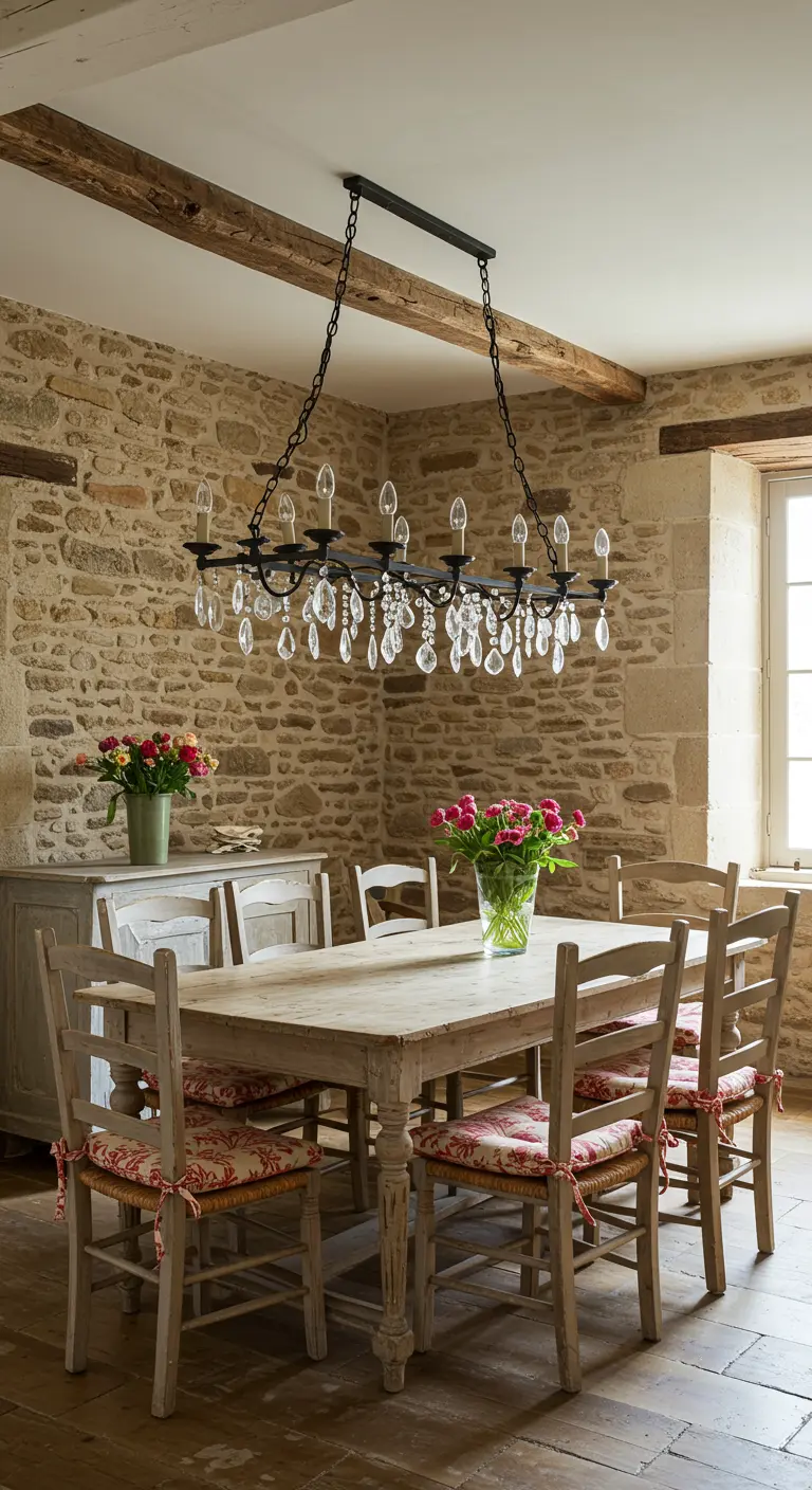 A dining room with exposed stone walls, a rustic wood table, and a long crystal chandelier.