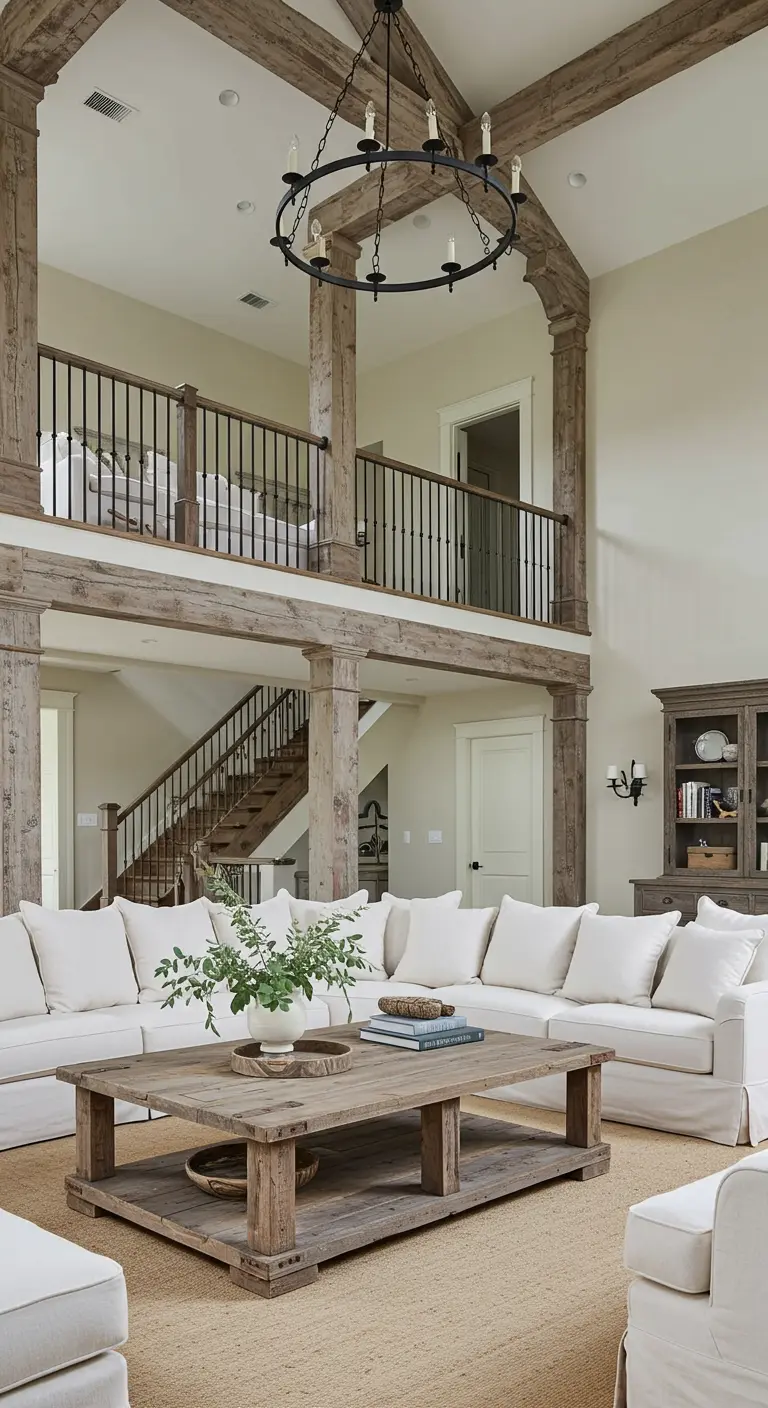 Two-story living room with large weathered wood posts and beams and a white sectional.