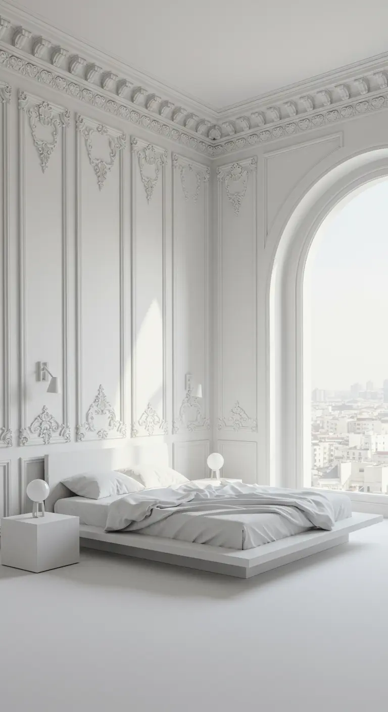 Minimalist all-white bedroom with ornate wall moldings and a large arched window.