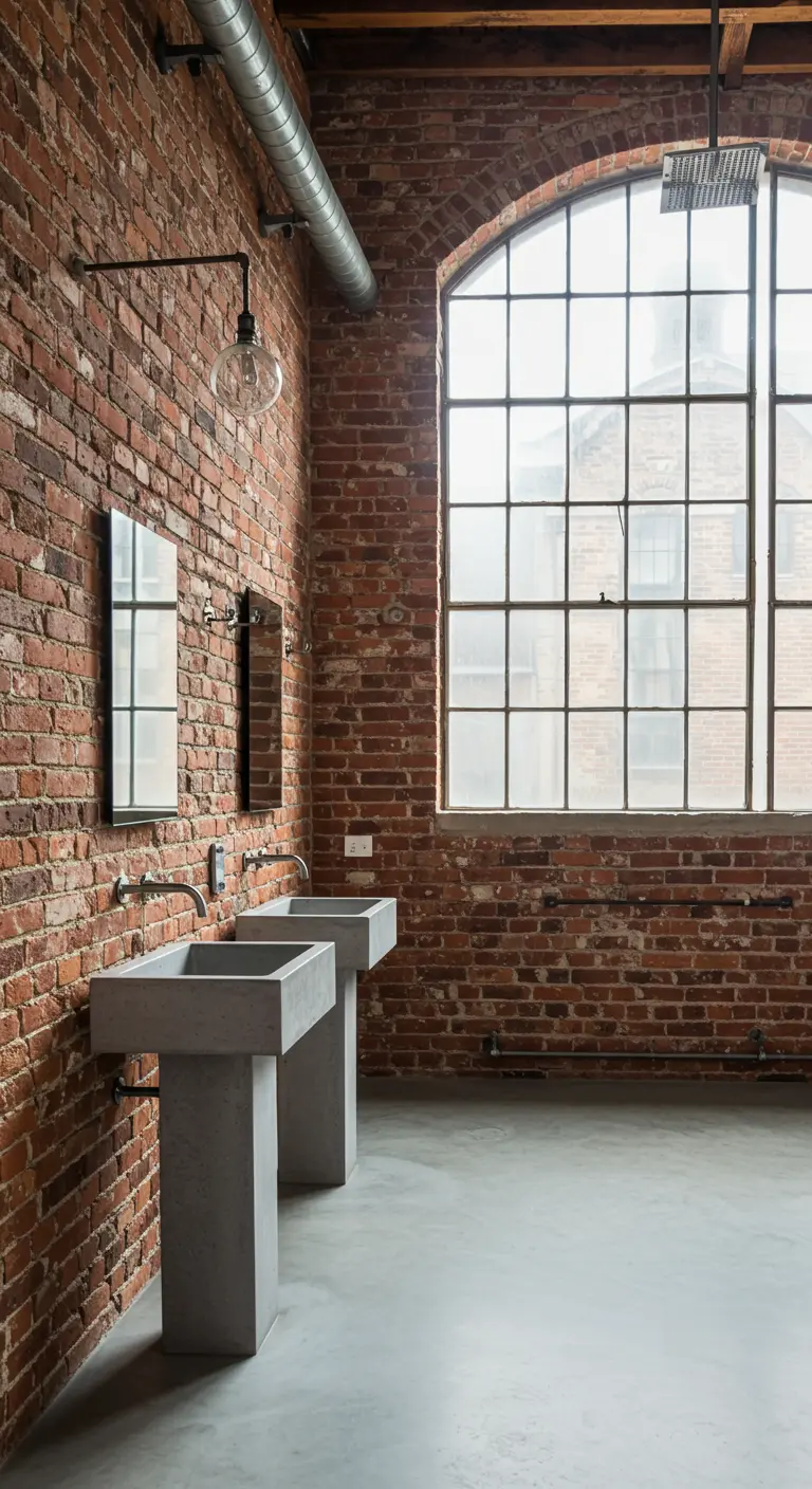 A spacious bathroom with high brick walls, a large arched window, and two pedestal concrete sinks.