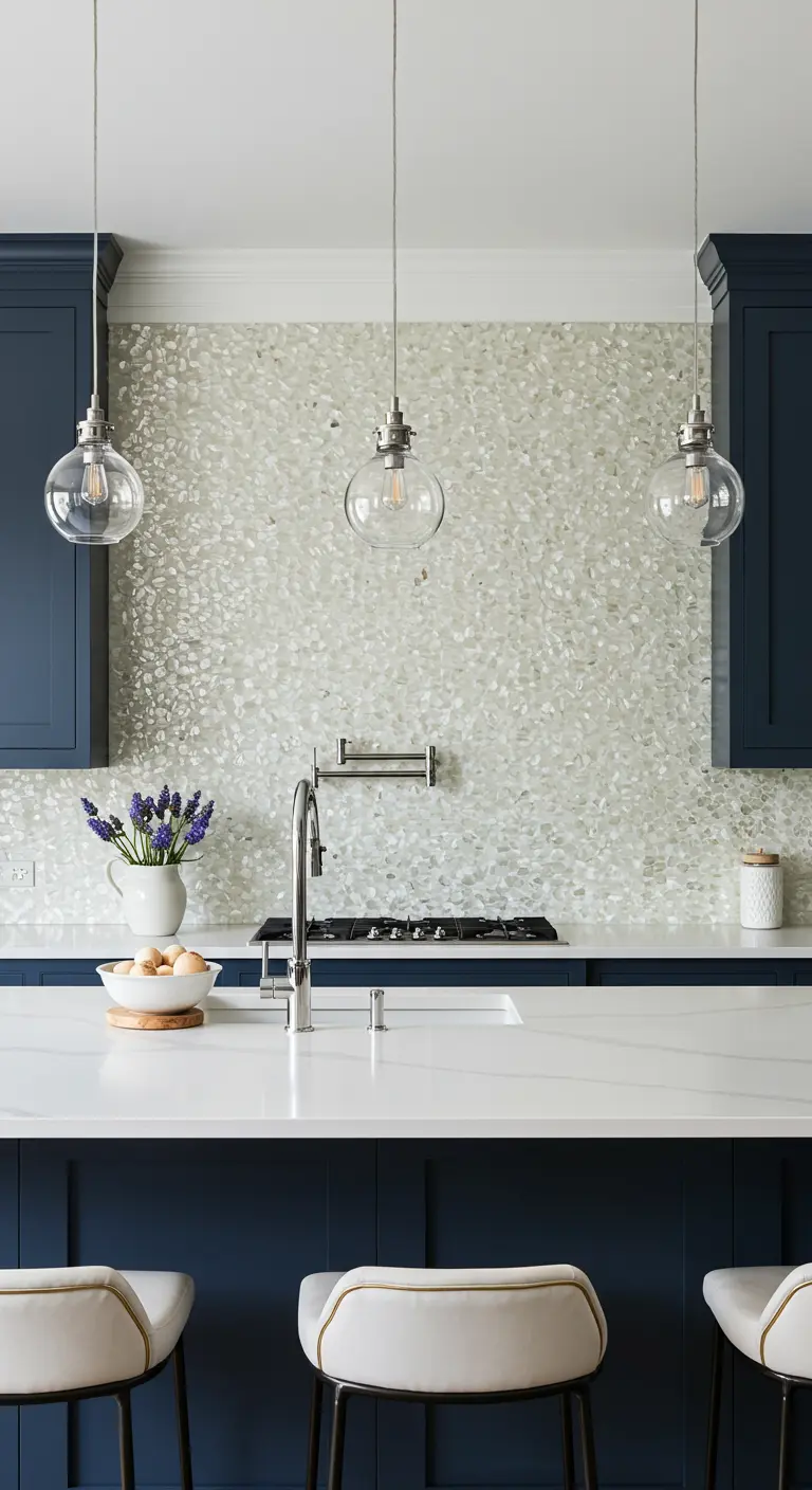 Kitchen with navy blue cabinets and an iridescent, shimmering mosaic tile backsplash.