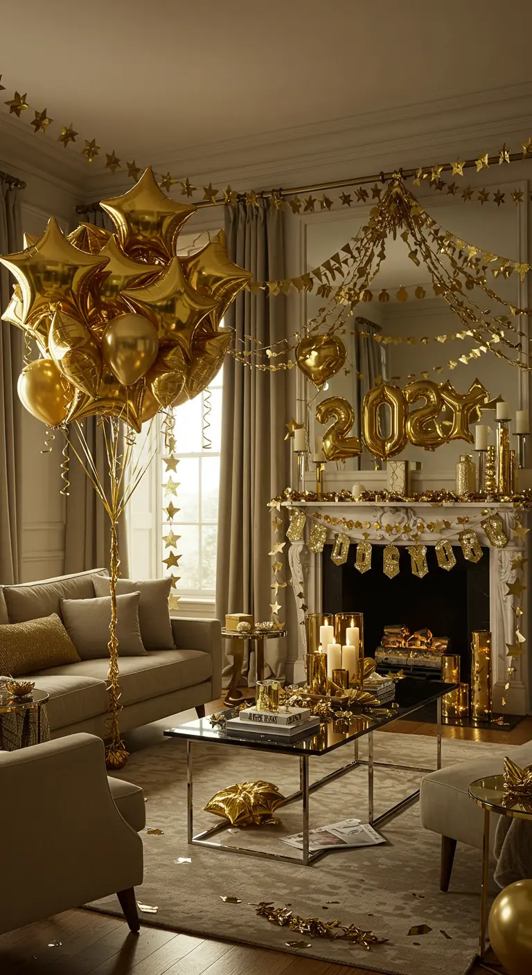 A sophisticated living room filled with an abundance of gold balloons and garlands.