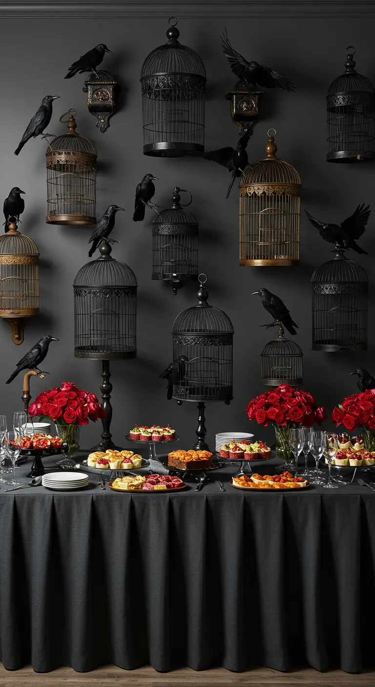 A wall decorated with empty birdcages and black crows behind a Halloween buffet table.