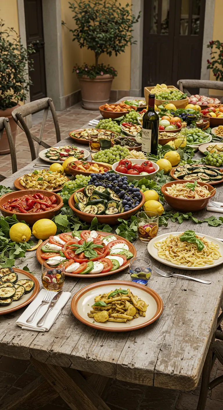 A rustic table laden with Italian-style platters of food like pasta, salads, and fruits.