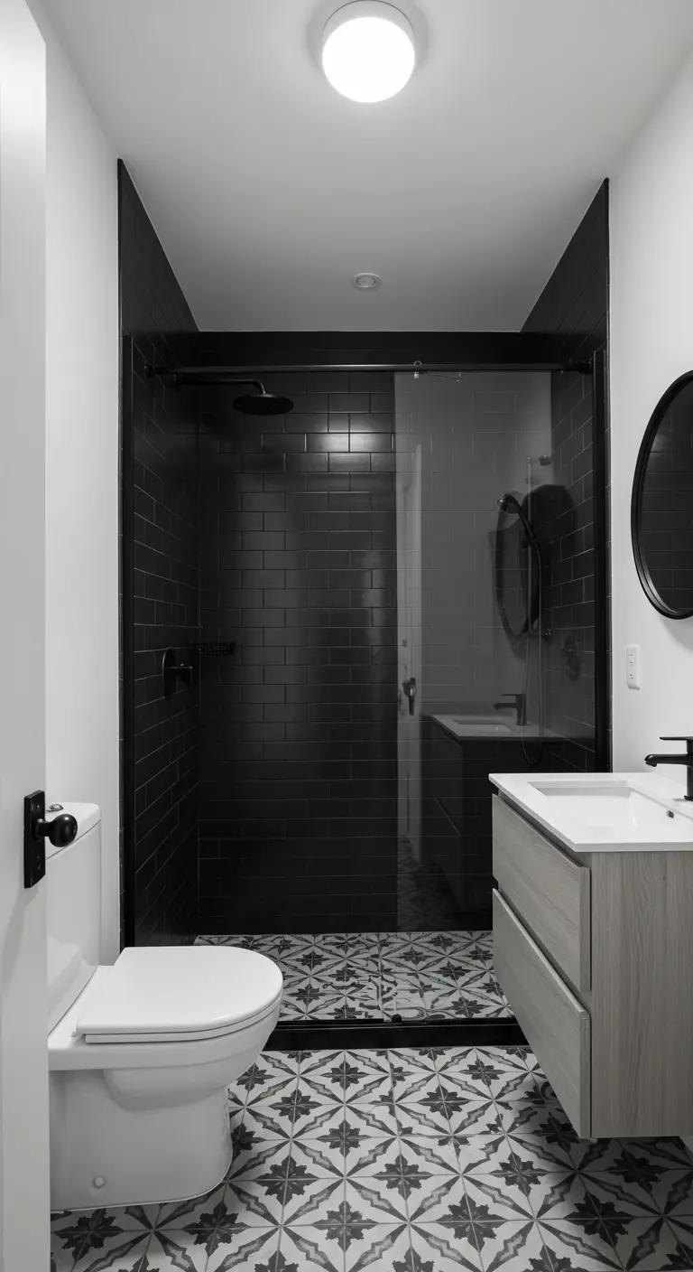 Black and white bathroom with patterned floor tiles and a black subway tile shower.
