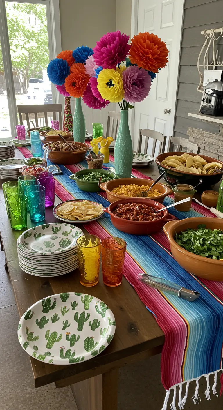 A festive taco bar set up on a wooden table with a serape runner and bowls of colorful food.