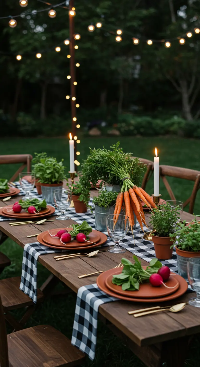 Outdoor garden table decorated with fresh carrots, radishes, and potted herbs.
