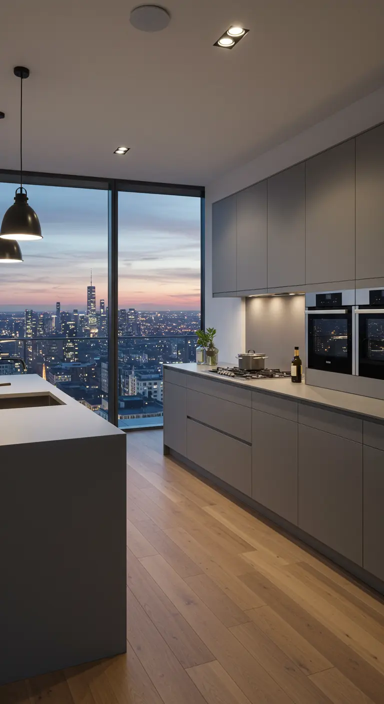 A grey minimalist kitchen with a floor-to-ceiling window showcasing a dramatic city skyline at dusk.