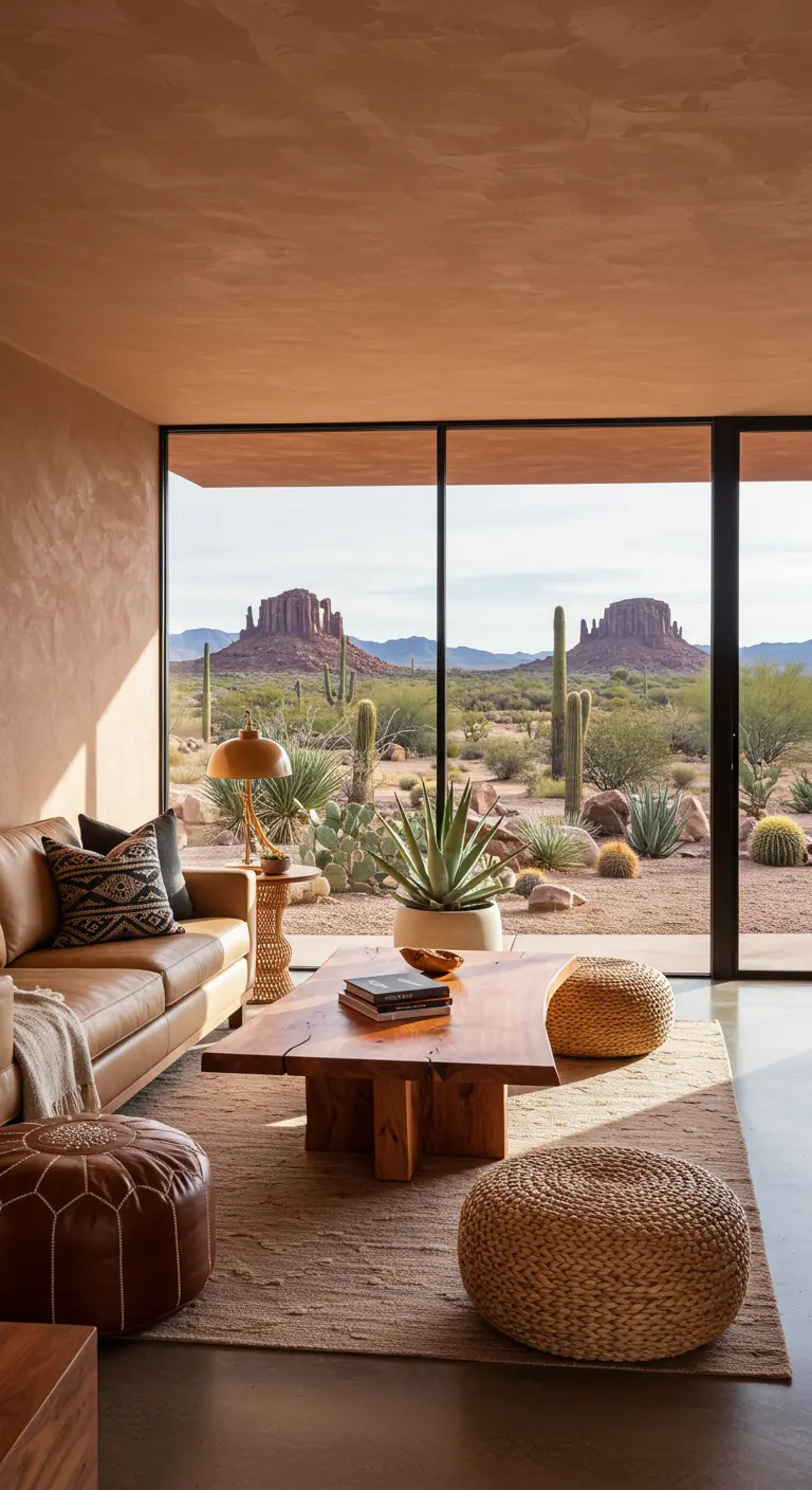 Desert modern living room with terracotta walls, a leather sofa, and a view of rock formations.