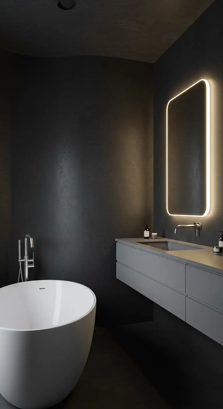 Minimalist black bathroom with a floating grey vanity and a large, halo-lit mirror.