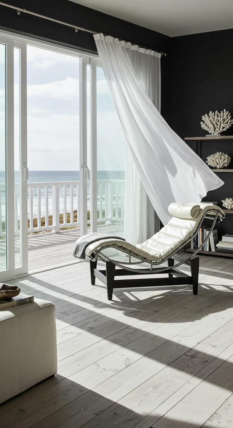 White chaise in a dark room with sliding glass doors open to a balcony and ocean view.