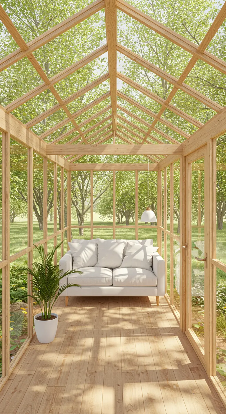 A white sofa inside a greenhouse-style room with glass walls and a wood-beamed ceiling.