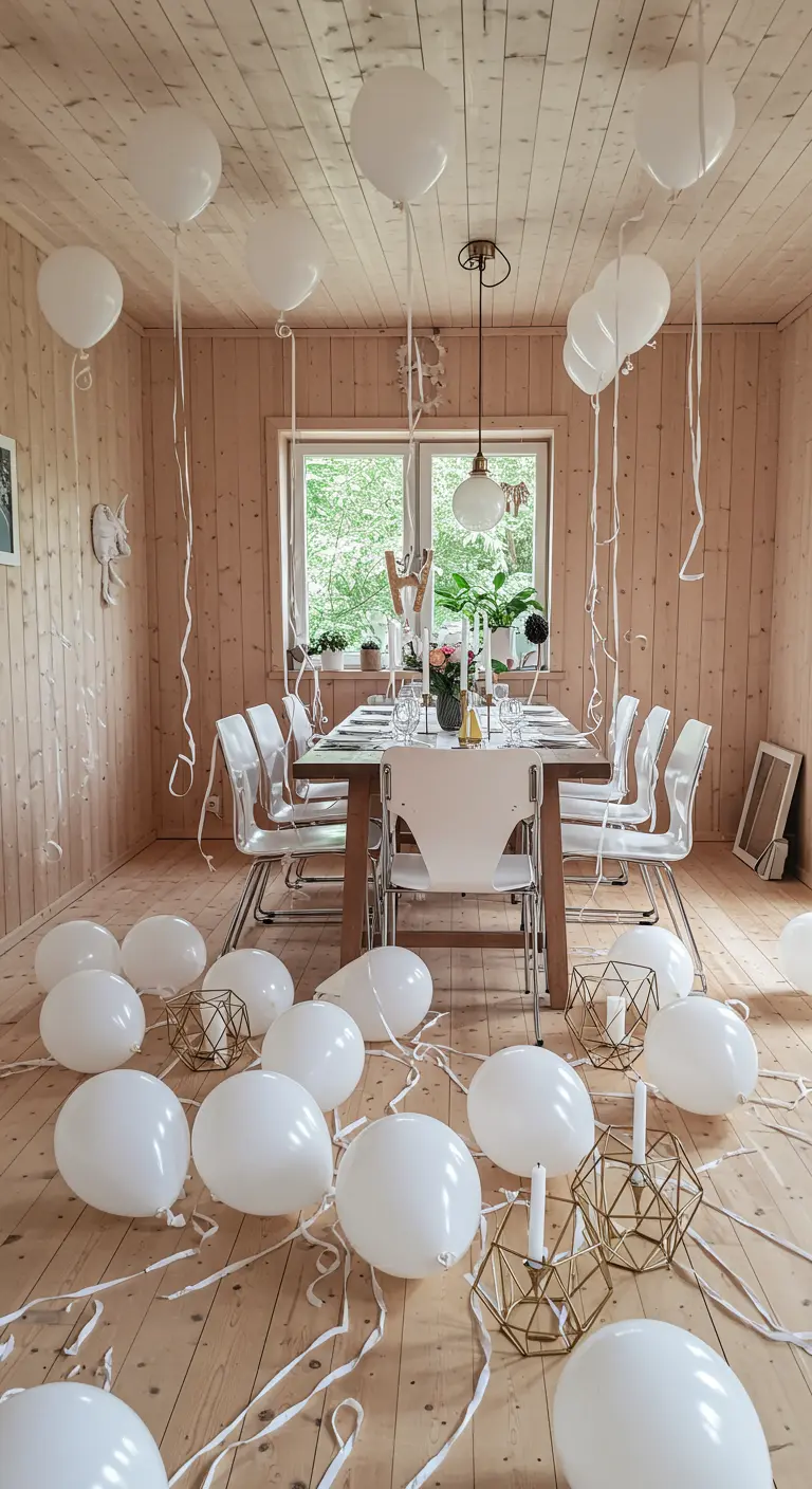 A room with light wood walls, a dining table, and dozens of white balloons floating on the floor.