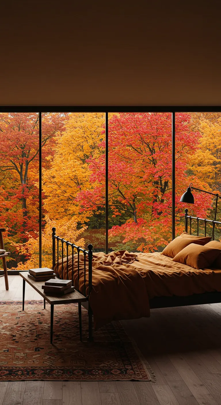 A bedroom with rust-colored bedding looking out a large window onto a vibrant autumn forest.