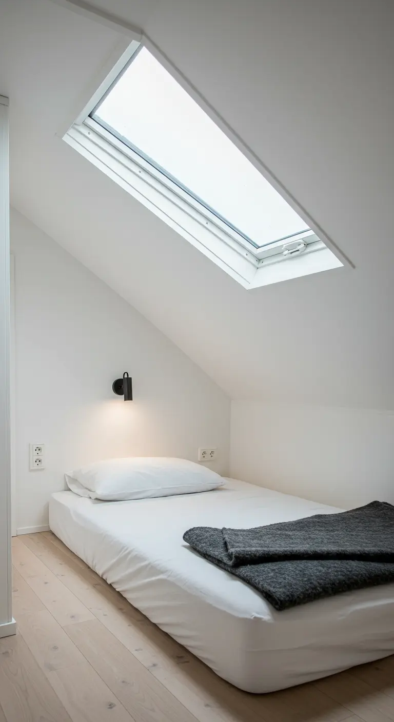 Minimalist attic bedroom with a skylight over a low mattress on a light wood floor.