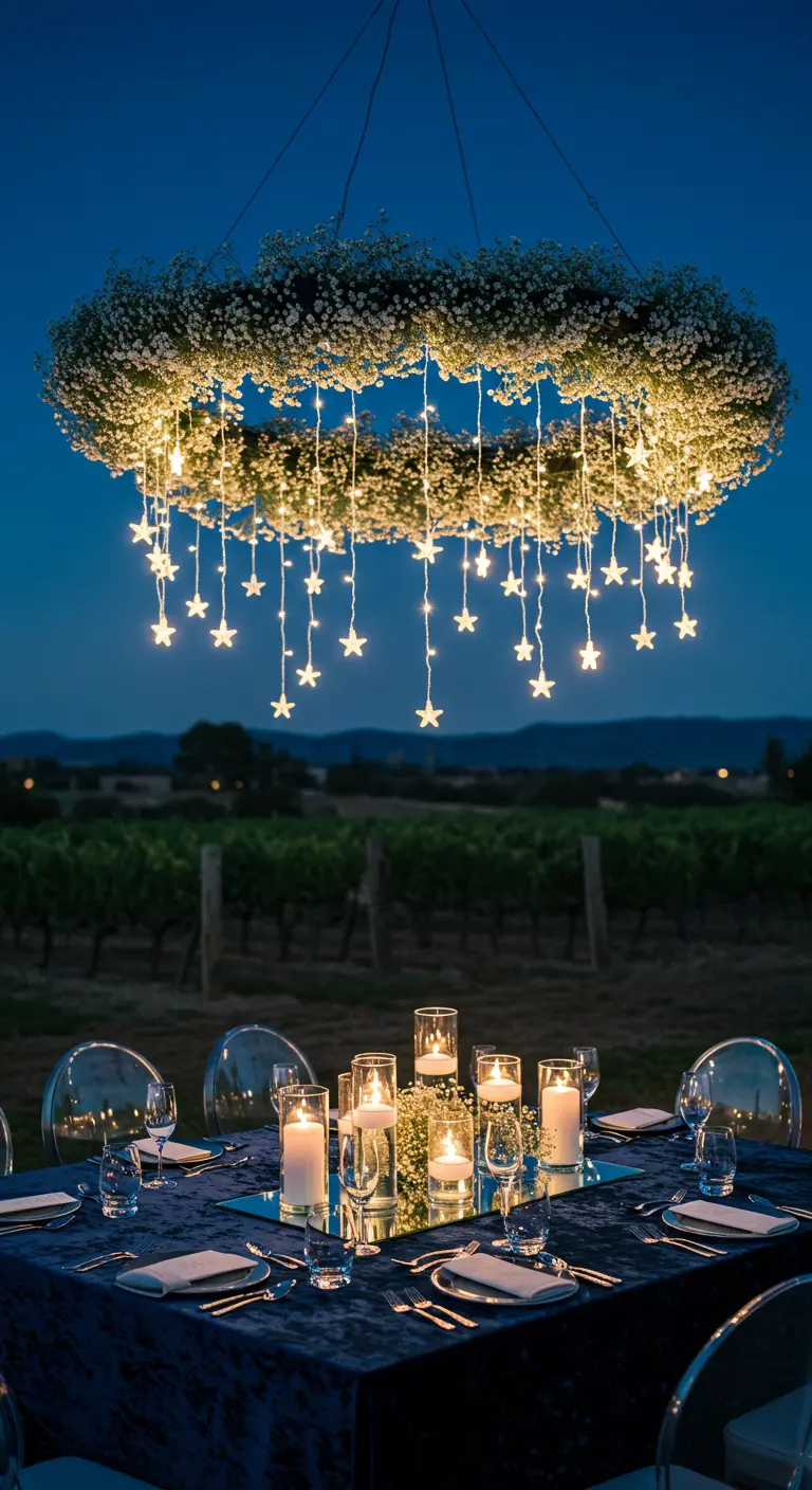 A baby's breath floral hoop with cascading star-shaped lights over a table at night.