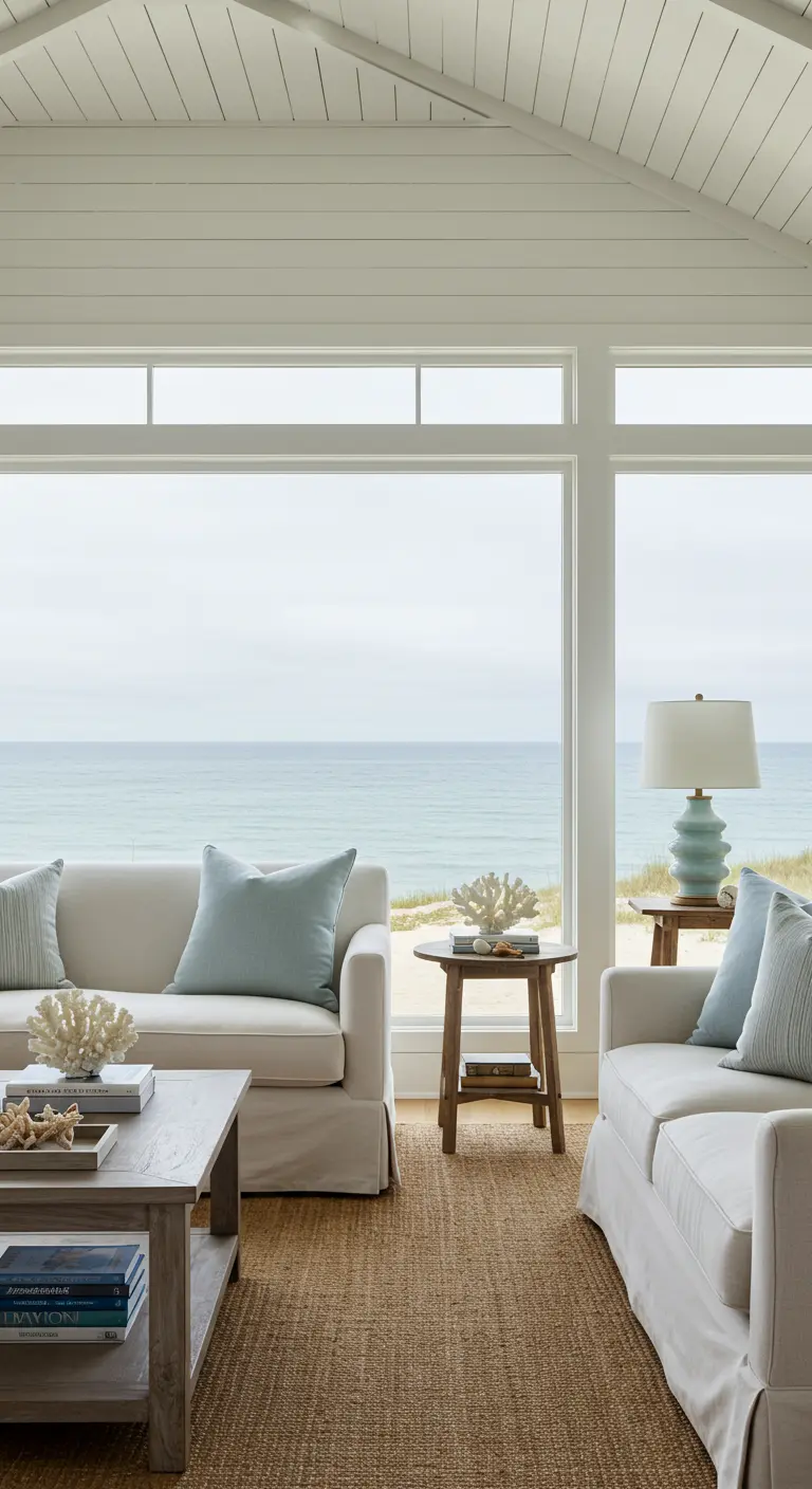 Living room with large picture windows offering an unobstructed view of the ocean.