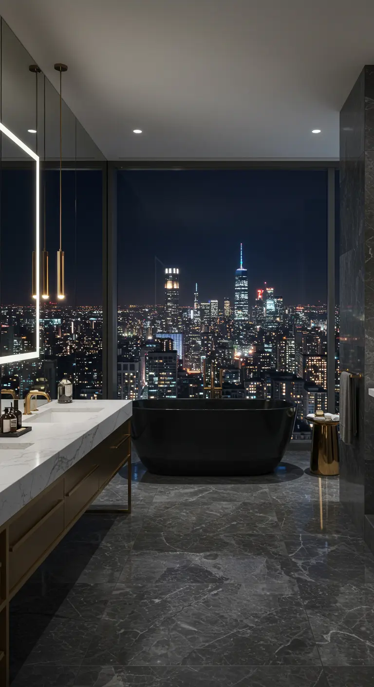 Modern bathroom with a black tub positioned to overlook a sparkling city skyline at night.
