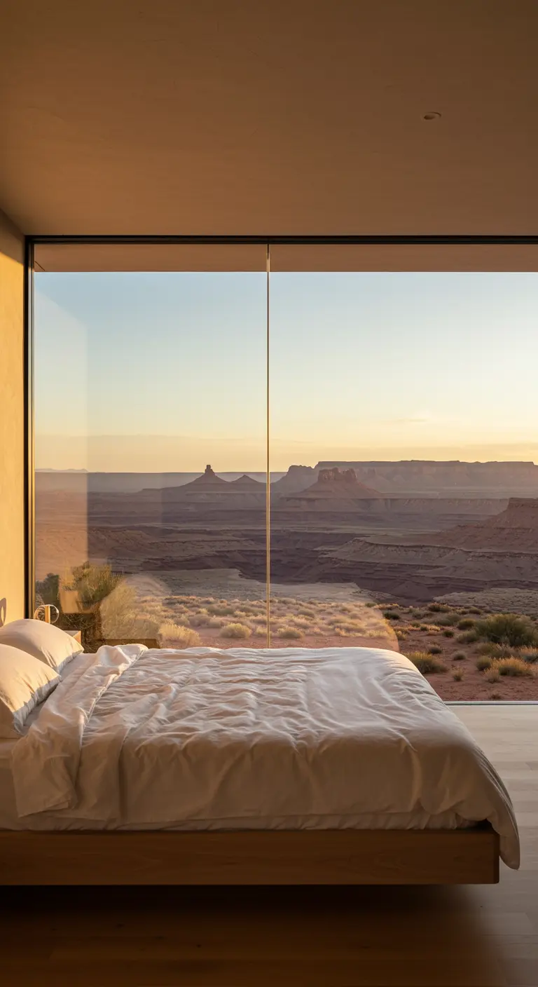 A bedroom with a floor-to-ceiling window overlooking a vast desert canyon at sunset.