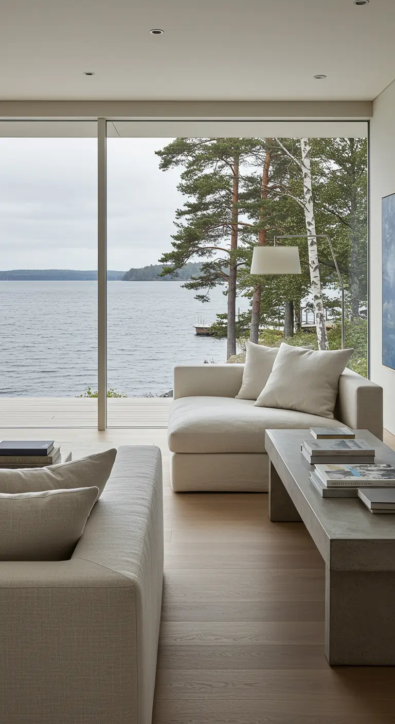 Living room with white sofas arranged to face a serene lake view through large glass windows.