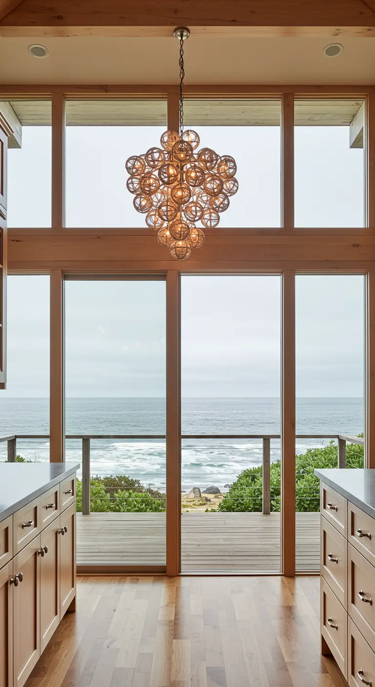 A glass bubble chandelier hangs in a kitchen with large windows overlooking the ocean.