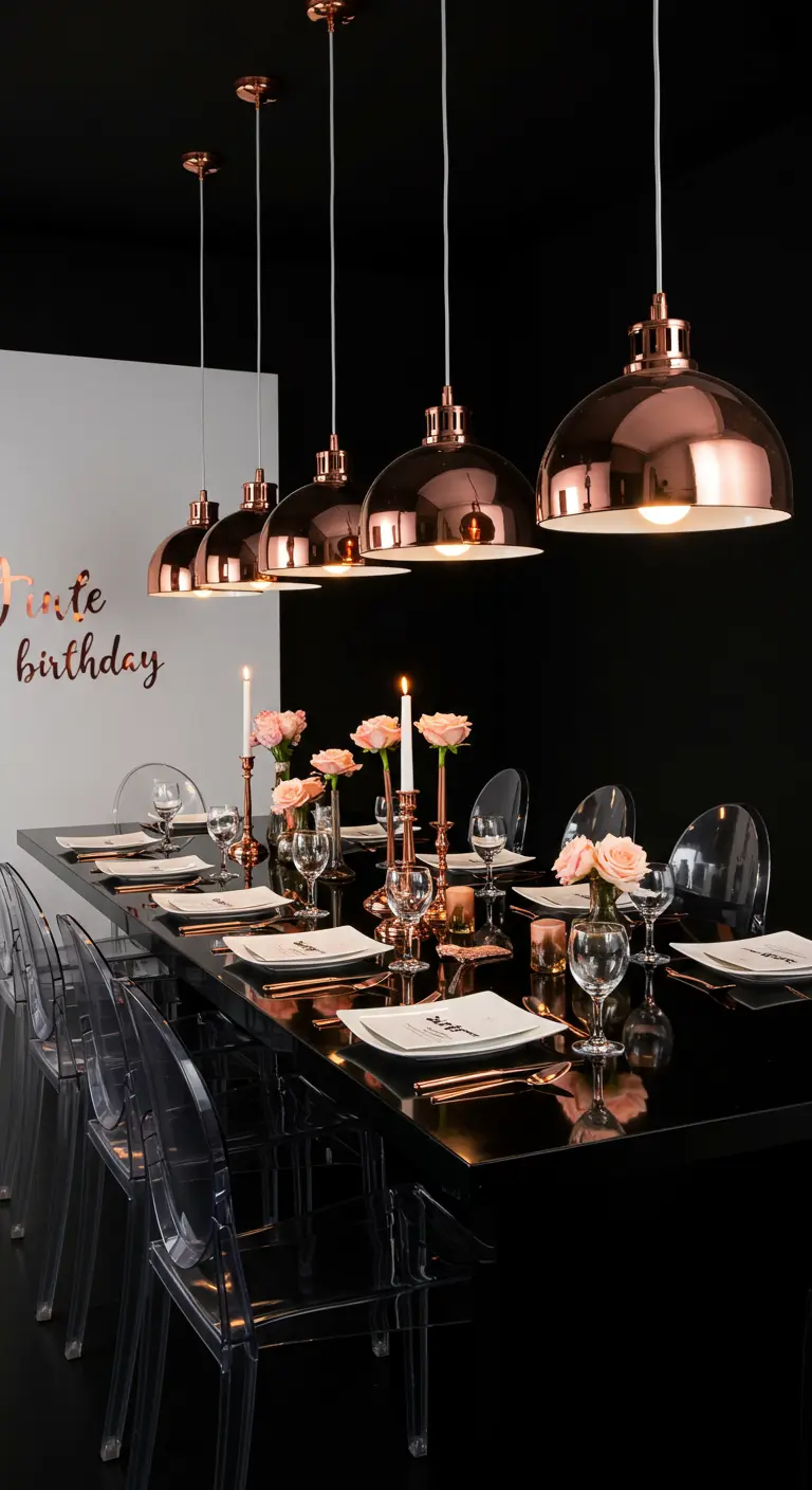 A long black dining table set for a party under a row of rose gold pendant lights.