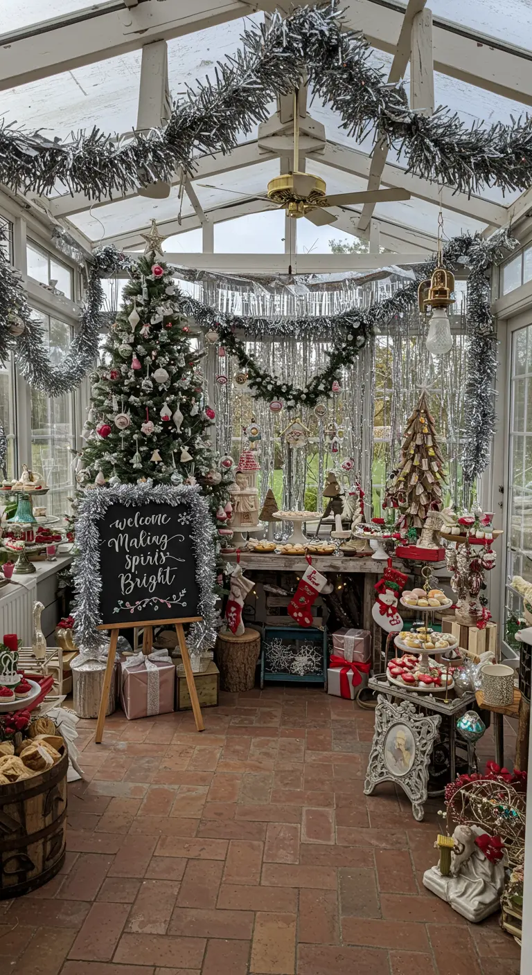A sunroom filled with dessert tables and decorated with thick silver tinsel garlands overhead.