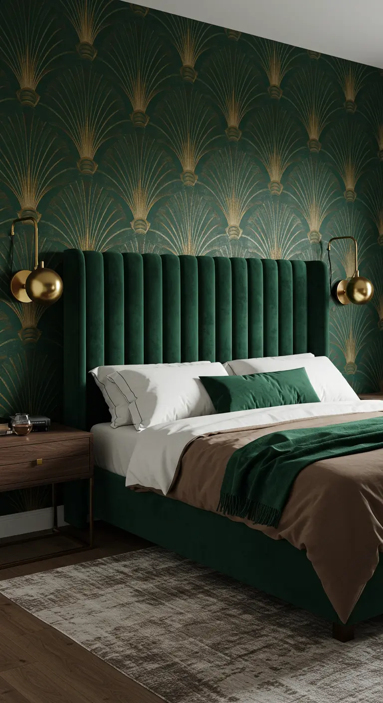 Bedroom with Art Deco fan wallpaper in green and gold, and an emerald green channel-tufted headboard.
