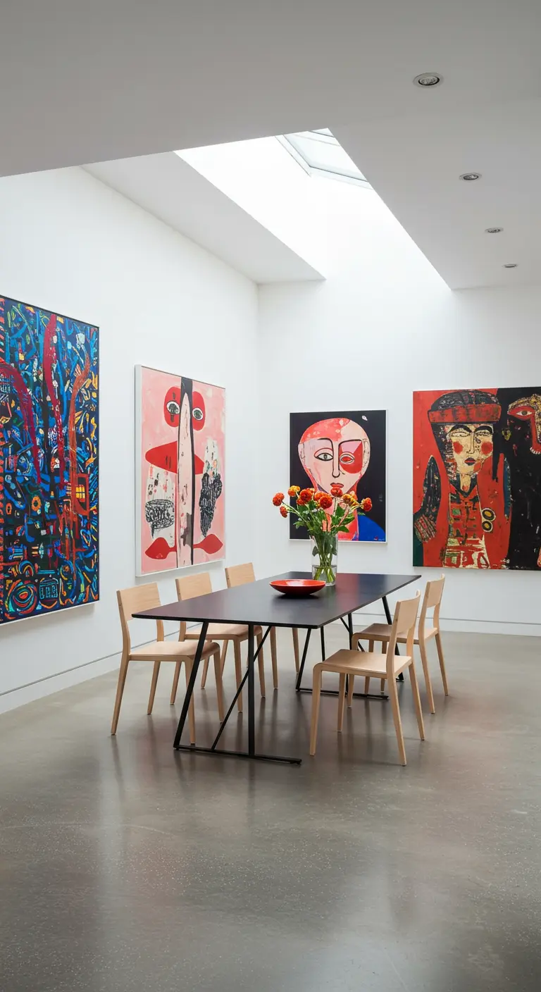 A white-walled dining room with a black table, wood chairs, and large colorful paintings.