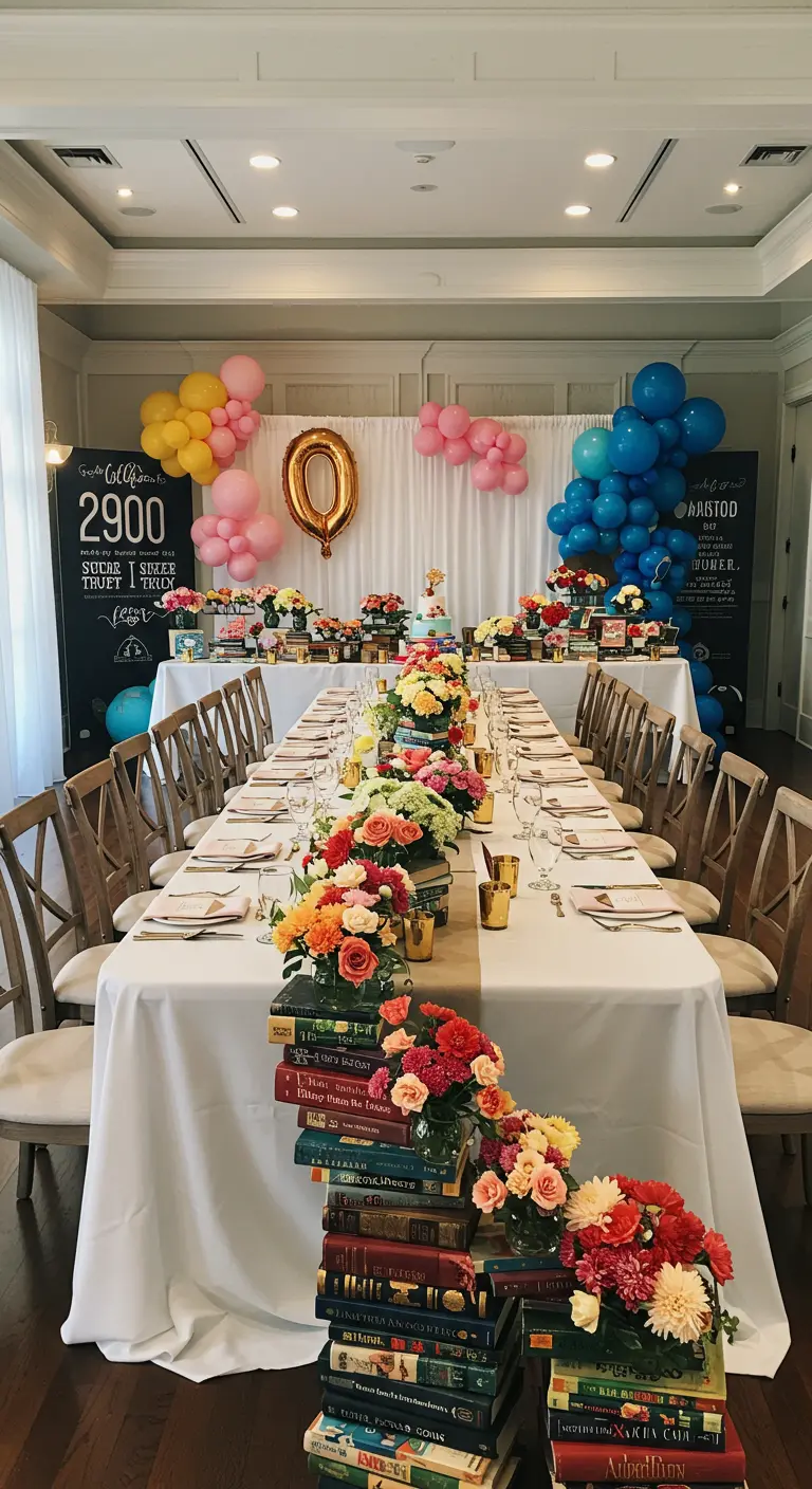 A long table with a cascading floral centerpiece flowing down a stack of books, with balloons behind.