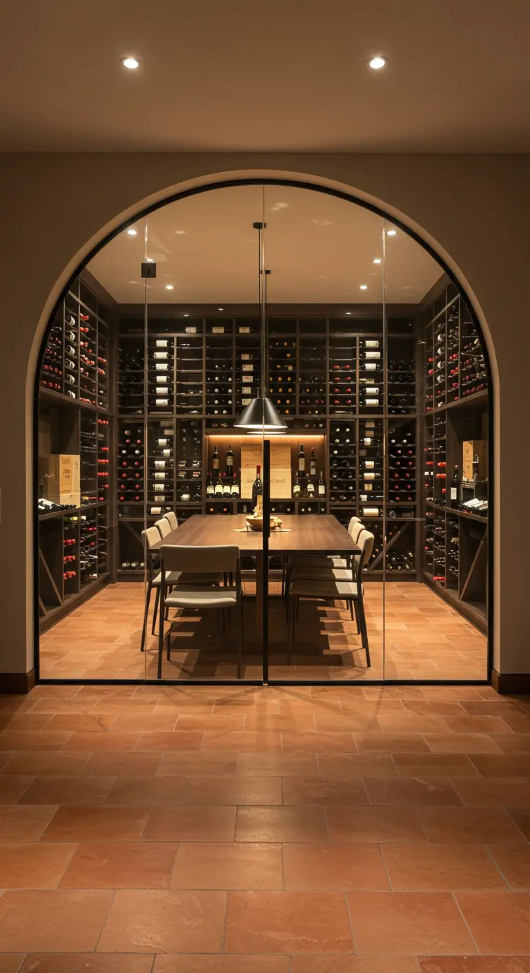A modern dining table inside a glass-walled wine cellar with terracotta floors.