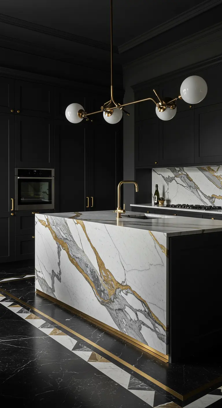 Dramatic black kitchen with a waterfall island made of heavily veined gold marble.