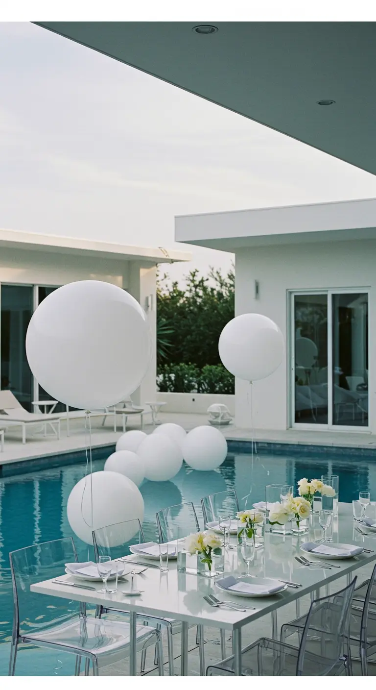 A modern poolside party with large white balloons floating in and above the water.