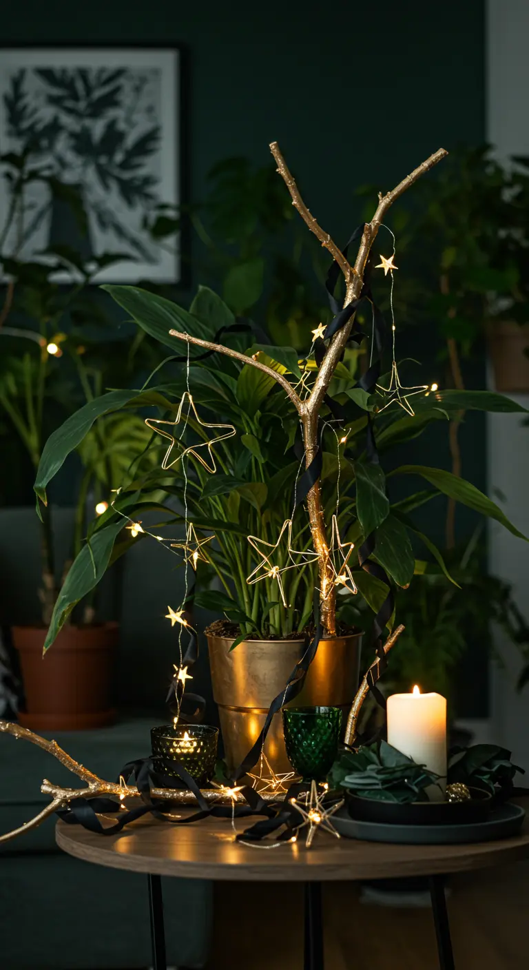 A houseplant decorated with a gold branch and a star-shaped fairy light garland.