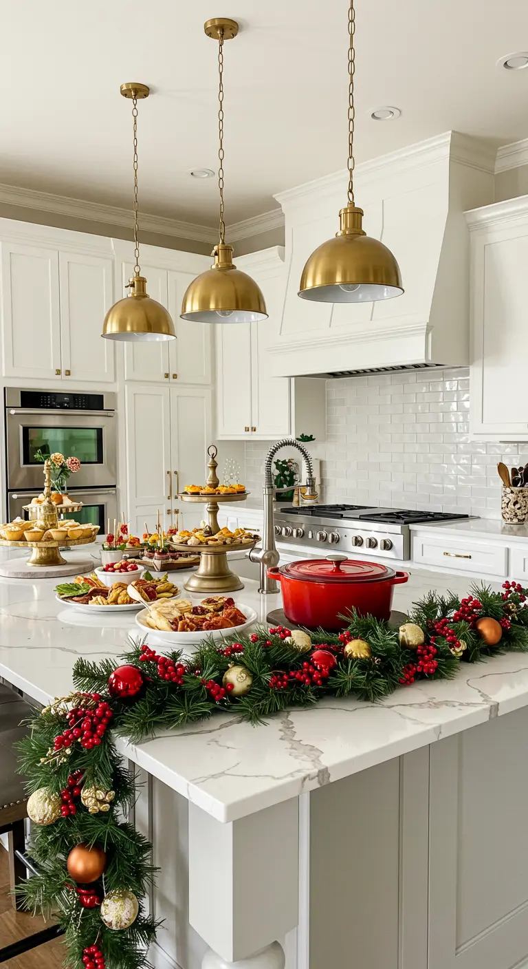 A white kitchen island decorated with a Christmas garland, serving appetizers.