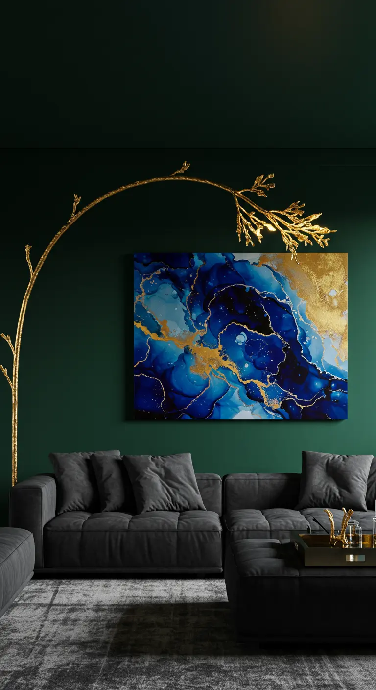 Modern living room with a large, sculptural gold floor lamp arcing over a grey sectional sofa.