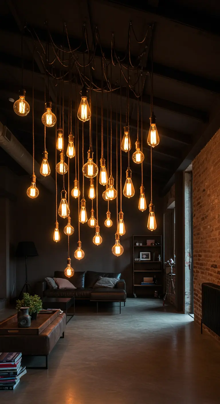 A dramatic cluster of many hanging Edison bulbs illuminating a dark loft living room.