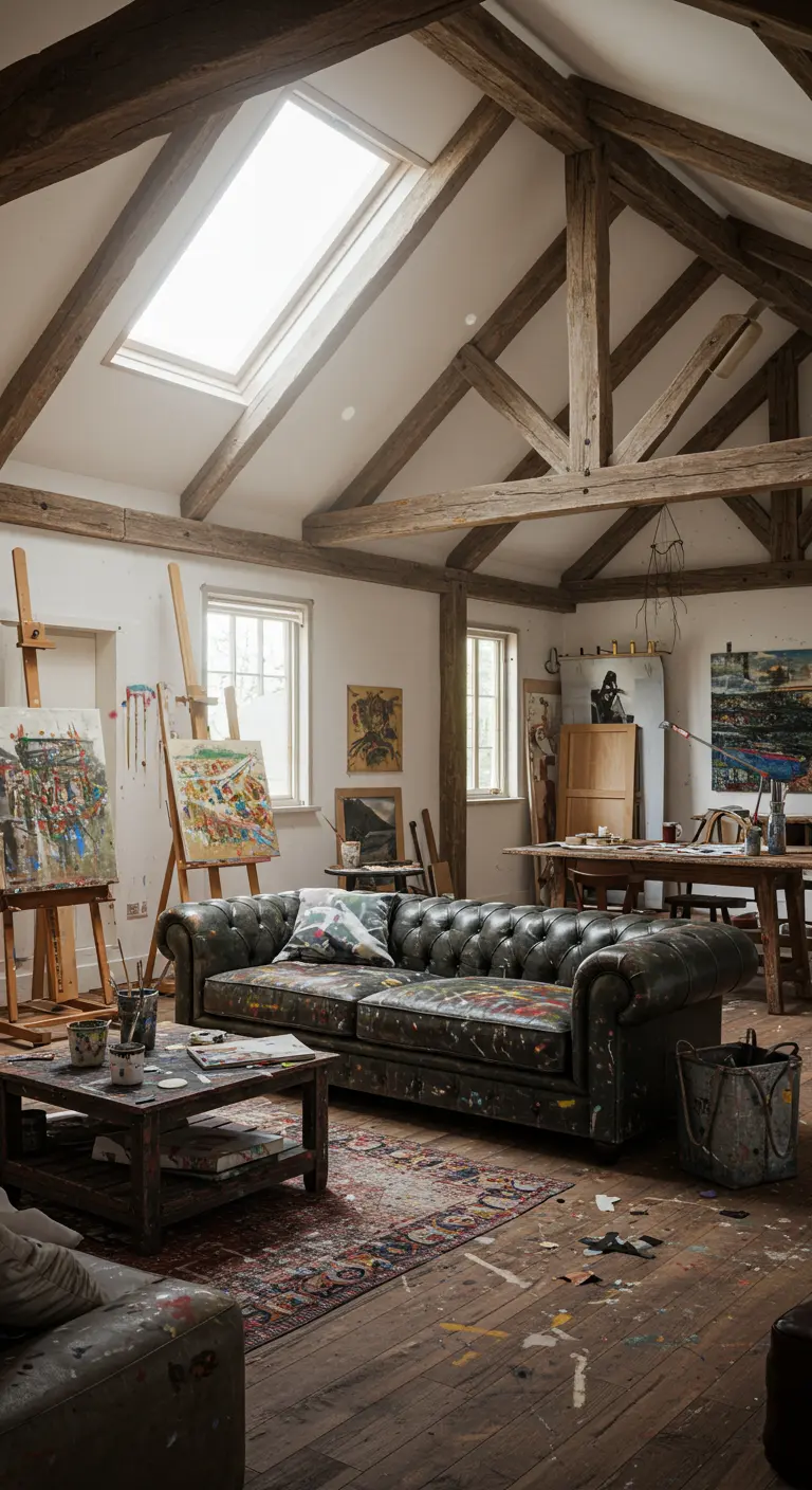 An artist's studio with high beamed ceilings and a paint-splattered Chesterfield sofa.