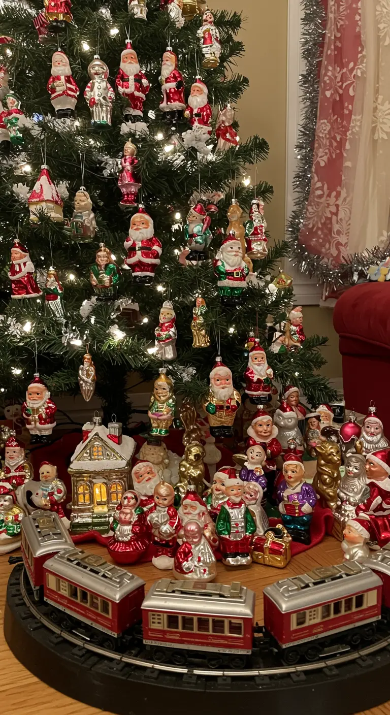 A detailed collection of vintage Santa and angel ornaments arranged around the base of a tree.