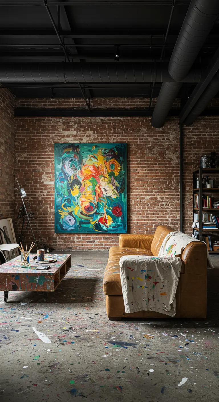 Artist's loft with a paint-splattered floor, leather sofa, and large artwork.